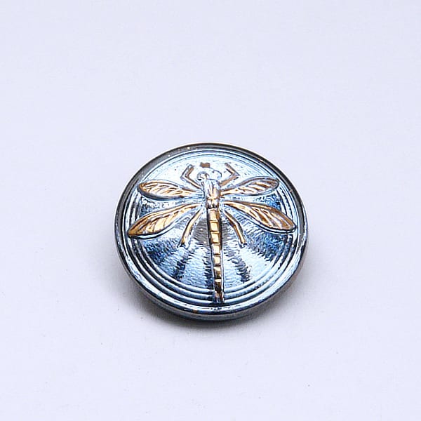 1pc Czech Hand Made Art Glass Button Cabochon Round 18mm Crystal Light Blue Gold Dragonfly (CAB016-15028G)