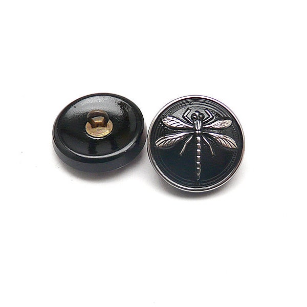 1 bouton en verre d'art tchèque fait main, rond 18 mm, libellule en platine (BUT001-15049)