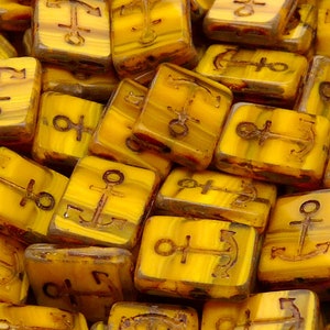 4pcs Czech Pressed Glass Table Cut Flat Rectangle Beads with Anchor Design 18x12mm Opaque Yellow Striped Moonlight Travertin