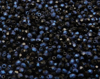 100pcs Czech Fire-Polished Faceted Glass Beads Round 3mm Jet Blue Rutil