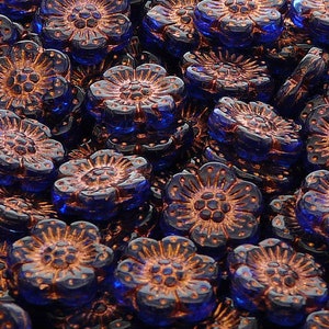 8pcs Czech Pressed Glass Flower Beads 14mm Sapphire with Bronze Fired Color