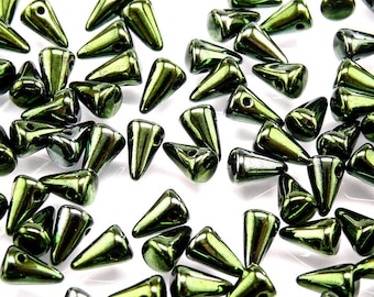 50pcs Czech Pressed Glass Spike Beads 5x8mm Jet Green Look