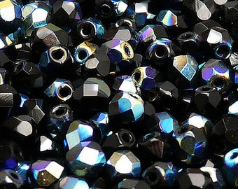 40pcs Czech Fire-Polished Faceted Glass Beads Round 7mm Jet AB