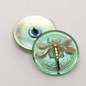 1pc Czech Hand Made Art Glass Button Dragonfly Round  31,5mm Light Peridot Green Gold Dragonfly AB (BUT053-15073)