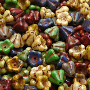50 perline di vetro ceco pressate a forma di campana, 6 x 8 mm, colori misti con travertino