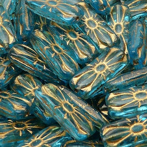 8pcs Czech Pressed Glass Rectangular Beads with Floral Motif 20x8mm Aquamarine Golden Fired Color (A 05-22)