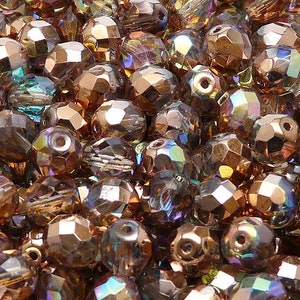 25 Stück böhmische feuerpolierte facettierte Glasperlen rund 8mm Crystal Copper Rainbow