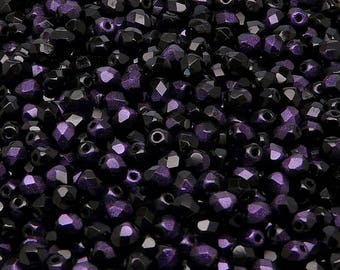 100pcs Czech Fire-Polished Faceted Glass Beads Round 4mm Jet Violet Rutil