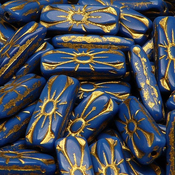 8pcs Czech Pressed Glass Rectangular Beads with Floral Motif 20x8mm Opaque Blue Golden Fired Color (A 05-13)