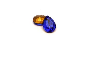 4pcs Czech Hand Made Glass Faceted Jewelry Stone Teardrop 14x10mm Dark Sapphire Gold Simili