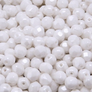 50pcs Czech Fire-Polished Faceted Glass Beads Round 6mm Opaque White Ceramic Look