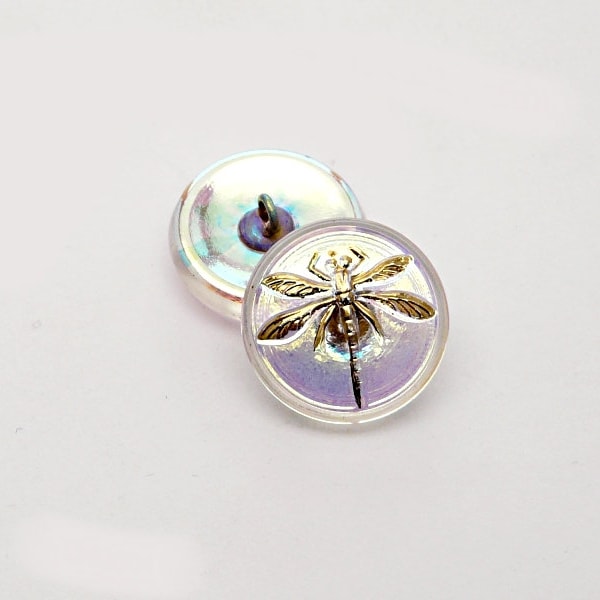 1pc Czech Hand Made Art Glass Button Dragonfly Round  18mm Crystal Golden Dragonfly AB (BUT044-15055)