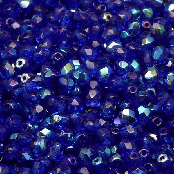 100pcs Czech Fire-Polished Faceted Glass Beads Round 4mm Cobalt Blue AB