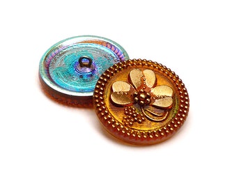 1pc Czech Hand Made Art Glass Button Shamrock Round 27mm Topaz  Gold Ornament (BUT045-FIG520-1009AU-AB)