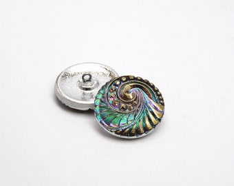 1pc Czech Hand Made Art Glass Button Round 27mm Crystal Gold Floral Ornament Green Purple Vitrail (BUT006-IG 568)