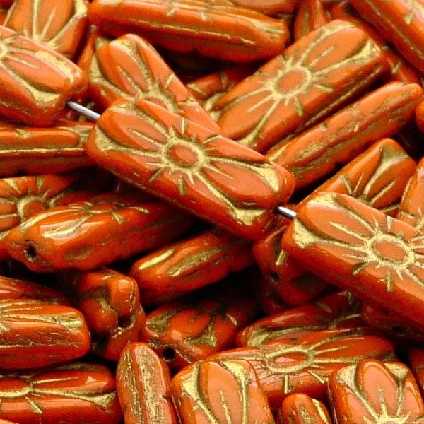 8pcs Czech Pressed Glass Rectangular Beads with Floral Motif 20x8mm Opaque Orange Golden Fired Color (A 02-01)