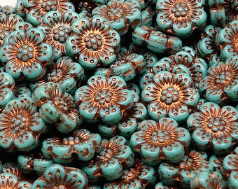 8pcs Czech Pressed Glass Flower Beads 14mm Opaque Turquoise Green with Bronze Fired Color