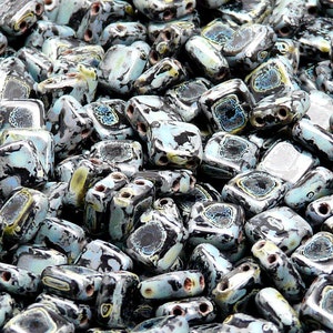 40pcs Two Hole Pressed CzechMates Glass Tile Beads 6mm Jet Travertine