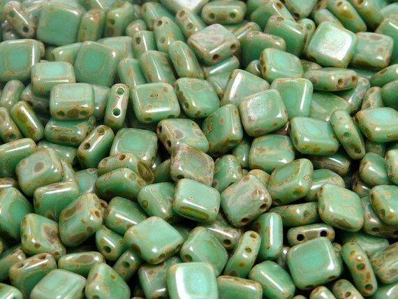40pcs Two Hole Pressed CzechMates Glass Tile Beads 6mm Opaque Light Green Ceramic Look