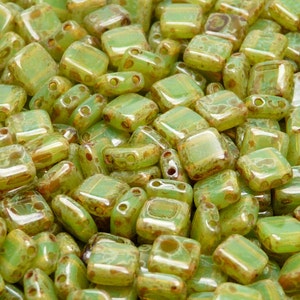 40pcs Two Hole Pressed CzechMates Glass Tile Beads 6mm Opaque Light Green Ceramic Look