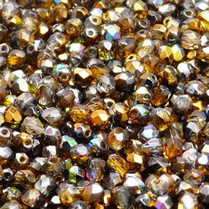 100 Stück böhmische feuerpolierte facettierte Glasperlen rund 4mm Crystal Orange Grey Magic