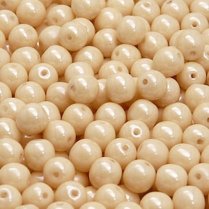 50pcs Czech Pressed Glass Beads Round 6mm Opaque Beige Ceramic Look