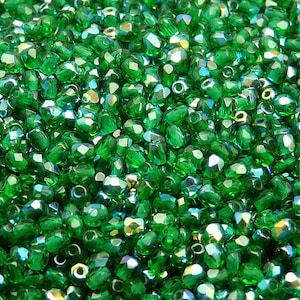 100 perle di vetro sfaccettato ceco lucidate a fuoco rotonde da 3 mm, crisolito AB (A 05-06)