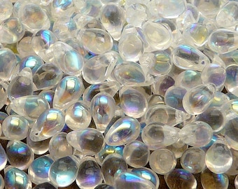 30pcs Czech Pressed Glass Teardrop Beads 6x9mm Crystal AB (A 09-09)