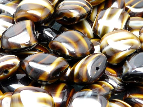 6pcs Czech Pressed Glass Kidney Nugget Beads 13x15mm Coco Brown With Stripes Moonlight