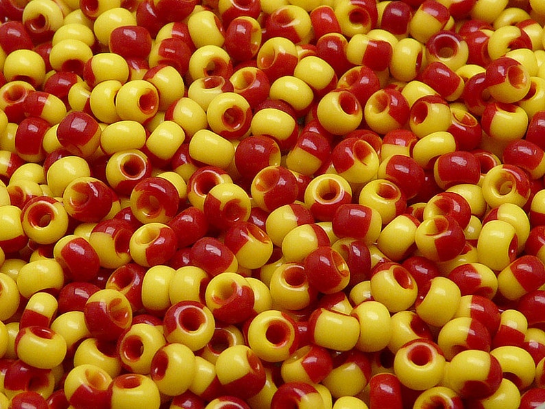 20gr Preciosa Czech Glass Seed Beads Rocailles Round 5/0 Opaque Yellow Red Harlequin image 1