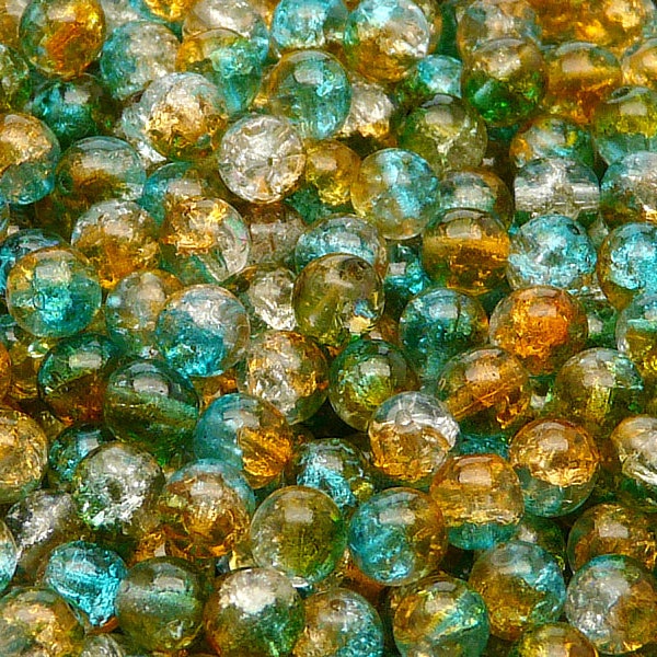 30pcs Czech Pressed Glass Cracked Round Beads 6mm Crystal Orange Aqua Blue Two Tone Luster Coating (48004)