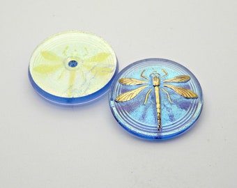 1pc Czech Hand Made Art Glass Button Cabochon Dragonfly Round  31,5mm Light Sapphire AB (CAB032-30020AB)