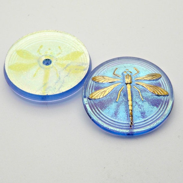 1pc Czech Hand Made Art Glass Button Cabochon Dragonfly Round  31,5mm Light Sapphire AB (CAB032-30020AB)