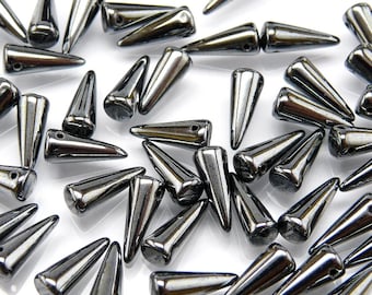 30pcs Czech Pressed Glass Spike Beads 5x13mm Jet Hematite