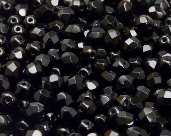 Czech Fire-Polished Faceted Glass Beads Round 6mm Jet (A 11-15 - 50pcs, 240pcs, 1200pcs, 3600pcs)
