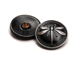 1pc Czech Hand Made Art Glass Button Dragonfly Round  31,5mm Jet Silver Dragonfly (BUT050-15049)