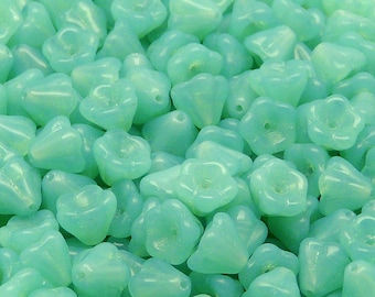 30pcs Czech Glass Pressed Bell Flower Beads 6x8mm Green Aqua Opal