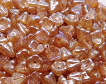 30pcs Czech Glass Pressed Bell Flower Beads 6x8mm Crystal Orange Rainbow
