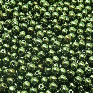 100pcs Czech Pressed Glass Beads Round 4mm Jet Green Look