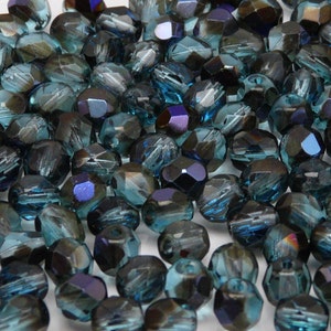 50pcs Czech Fire-Polished Faceted Glass Beads Round 6mm Aquamarine Azuro