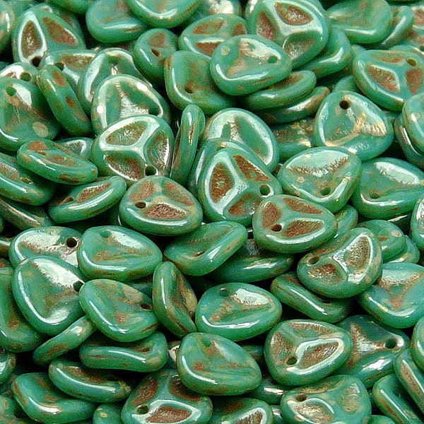 30pcs Czech Pressed Glass Beads Rose Petal 7x8 mm Opaque Turquoise Green Picasso