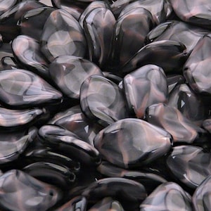 10 sztuk czeskich prasowanych szklanych koralików falistych, skręconych, płaskich, owalnych, 19 x 13 mm, różowy, Jet, pasiasty, księżycowy