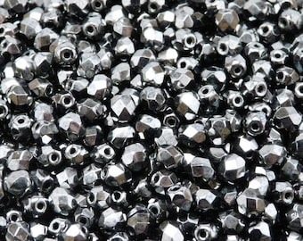 80pcs Czech Fire-Polished Faceted Glass Beads Round 5mm Jet Hematite