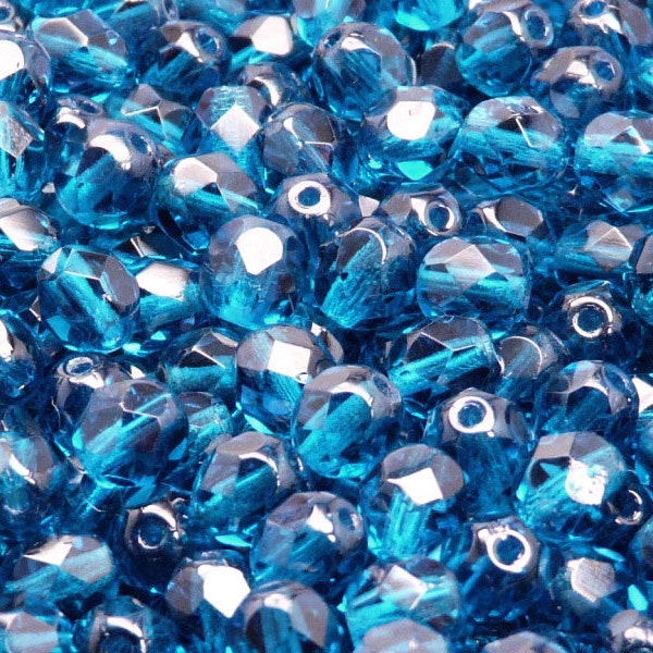 50pcs perles de verre à facettes tchèques polies au feu rondes 6mm bleu Capri (A 11-22)