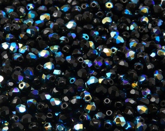 100pcs Czech Fire-Polished Faceted Glass Beads Round 4mm Jet AB