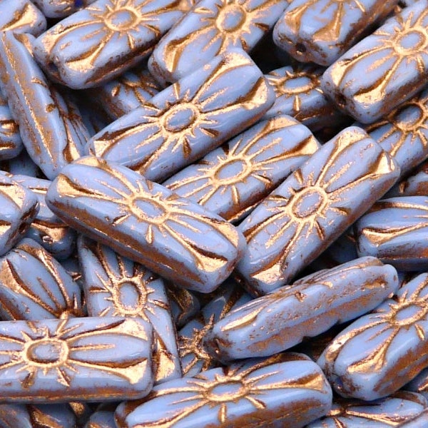 8pcs Czech Pressed Glass Rectangular Beads with Floral Motif 20x8mm Opaque Light Sapphire Bronze Fired Color (A 02-08)