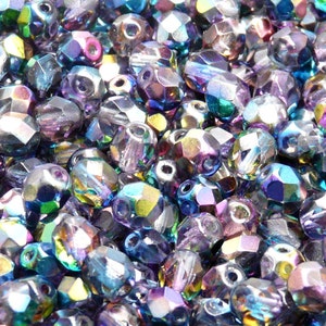 50pcs Czech Fire-Polished Faceted Glass Beads Round 6mm Crystal Blue Pink Magic (B 06-02)
