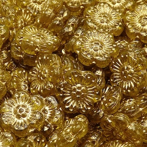 8pcs Czech Pressed Glass Flower Beads 14mm Amber with Golden Fired Color