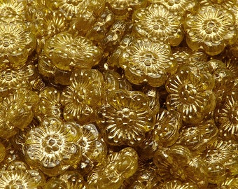 8pcs Czech Pressed Glass Flower Beads 14mm Amber with Golden Fired Color