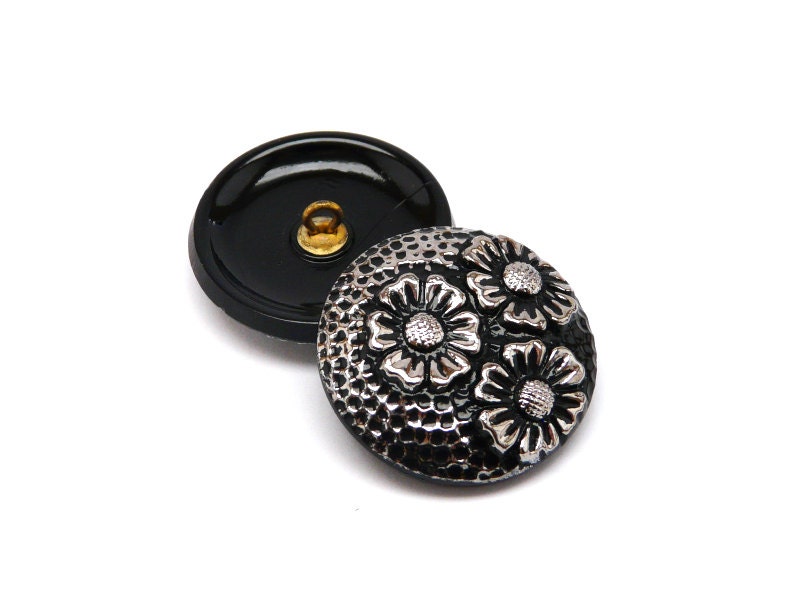 1pc Czech Hand Made Art Glass Button Round 27mm Jet Silver